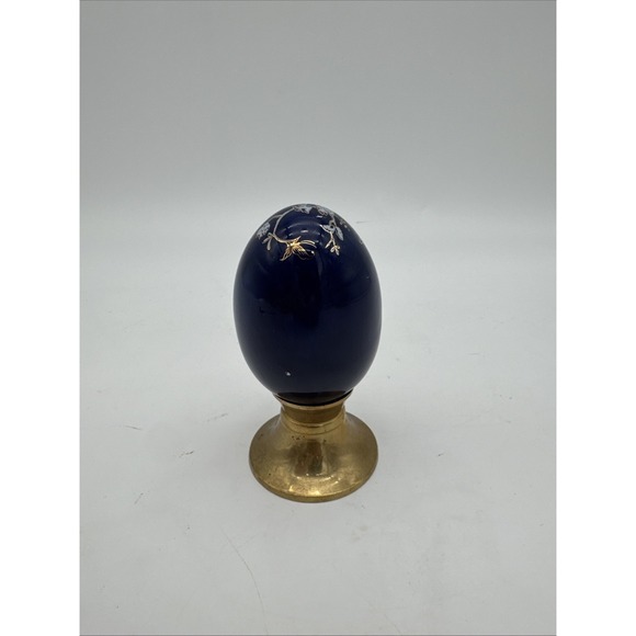 Multi- blue Tree Print Gold Gilded Egg with Brass Stand. - Picture 4 of 8